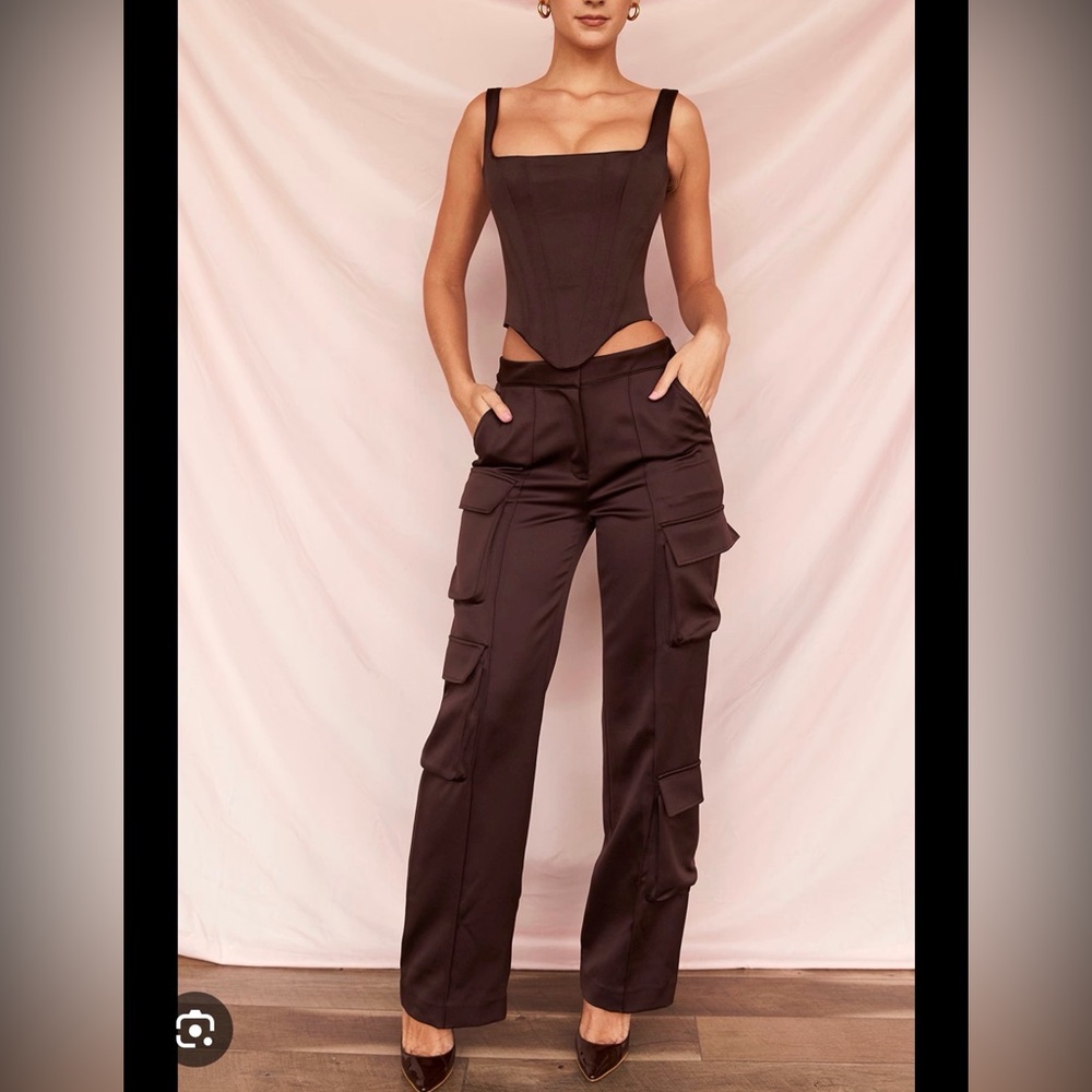 House of CB chocolate Satin Cargo Trousers and corset